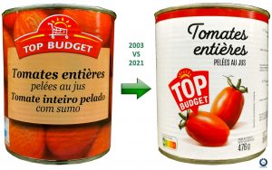 Nouveau et ancien packaging mdd intermarché top budget tomate